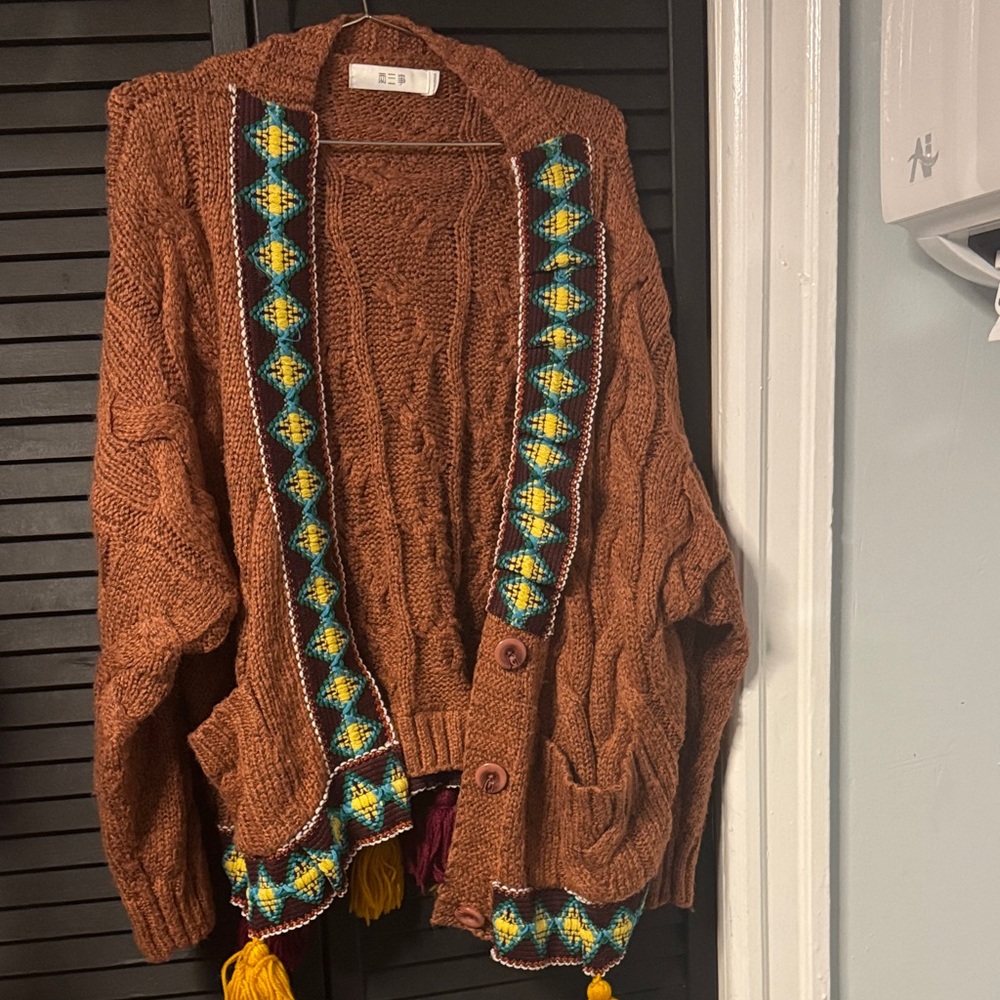 Brown Cable Knit Cardigan with Embroidered Trim